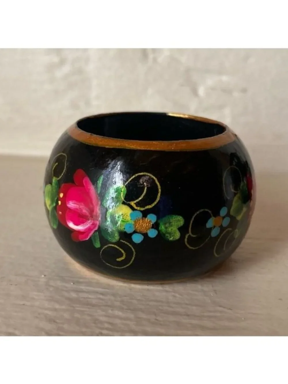 Russian Hand Painted Black Laquered Wood Floral Napkin Rings